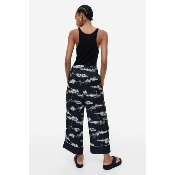 H&M EUC Patterned Satin Effect Set Shirt Pants Pajama Printed Navy White Size S - Picture 4 of 12